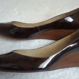 Brown Animal Print Patent Leather Wedges